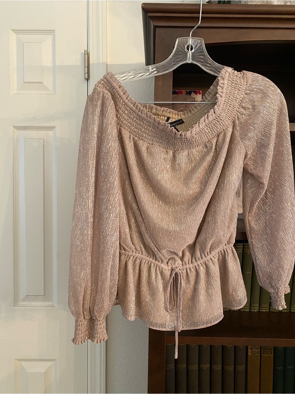 White House Black Market Metallic Blush Pink Peplum Blouse